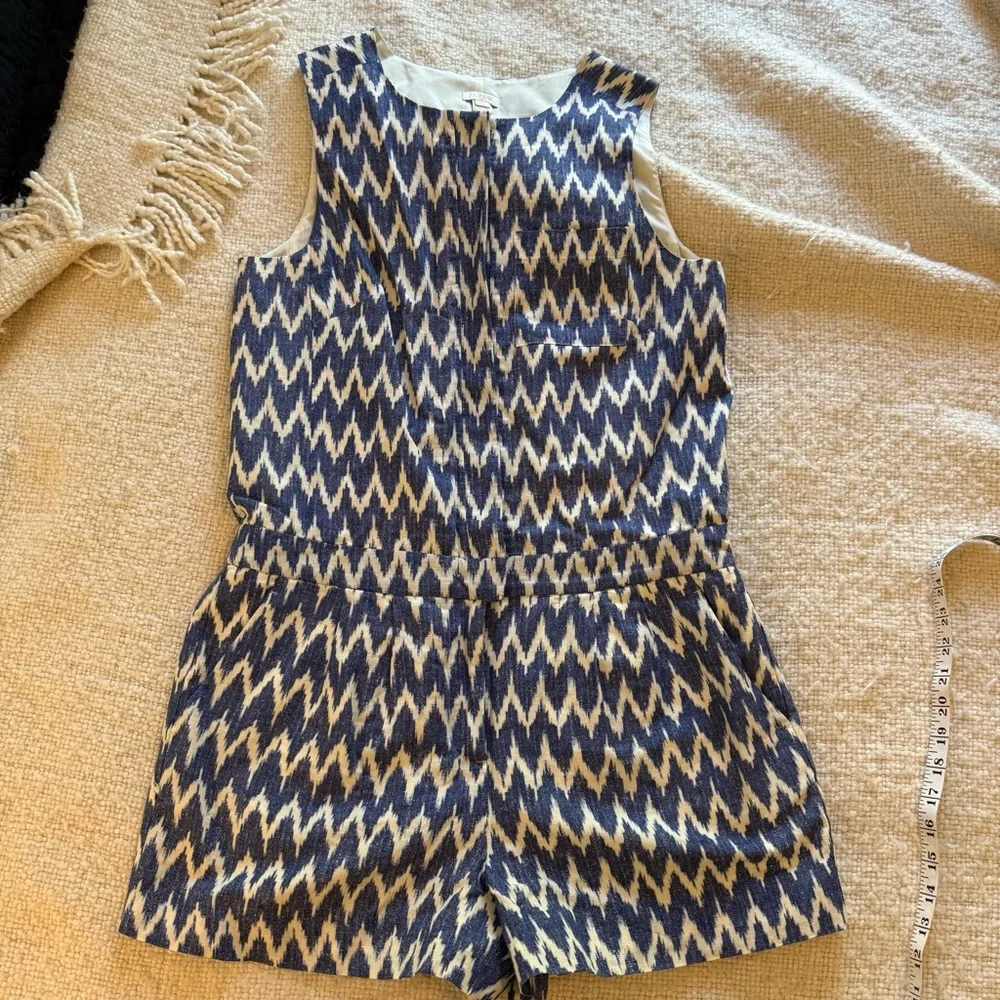 JCrew Structured Blue and Cream Ikat Print Linen Romper 6